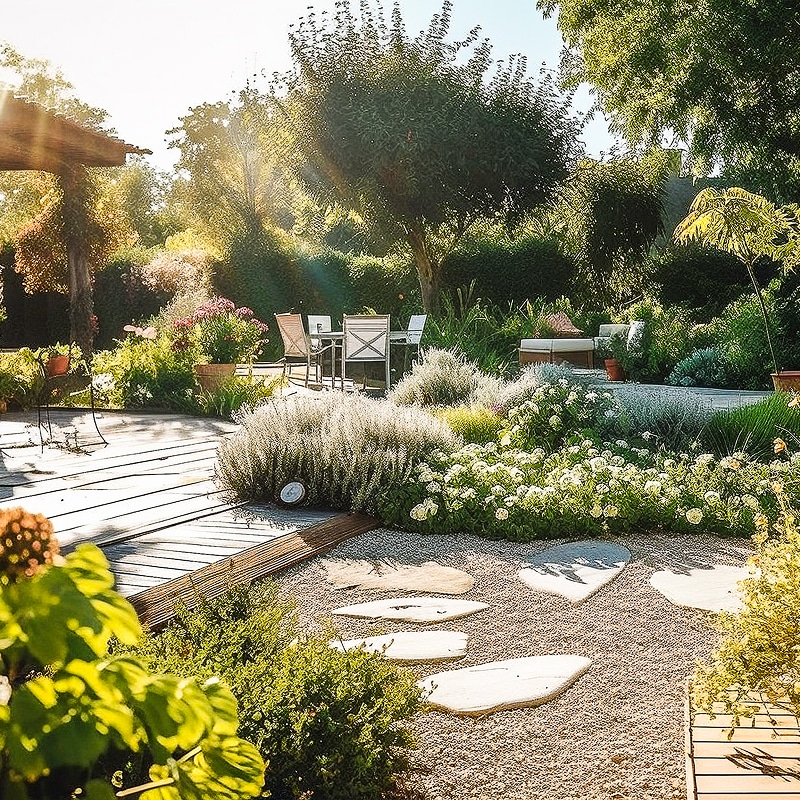 Jardin ensoleillé avec terrasse en bois, chemin de gravier et pas japonais. Massifs de fleurs blanches, verdure luxuriante. Table et chaises en arrière-plan.