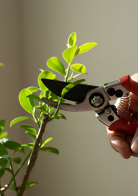 Main tenant un sécateur rouge, coupant une jeune pousse de plante aux feuilles vertes lumineuses. Lumière naturelle sur le jardinage.