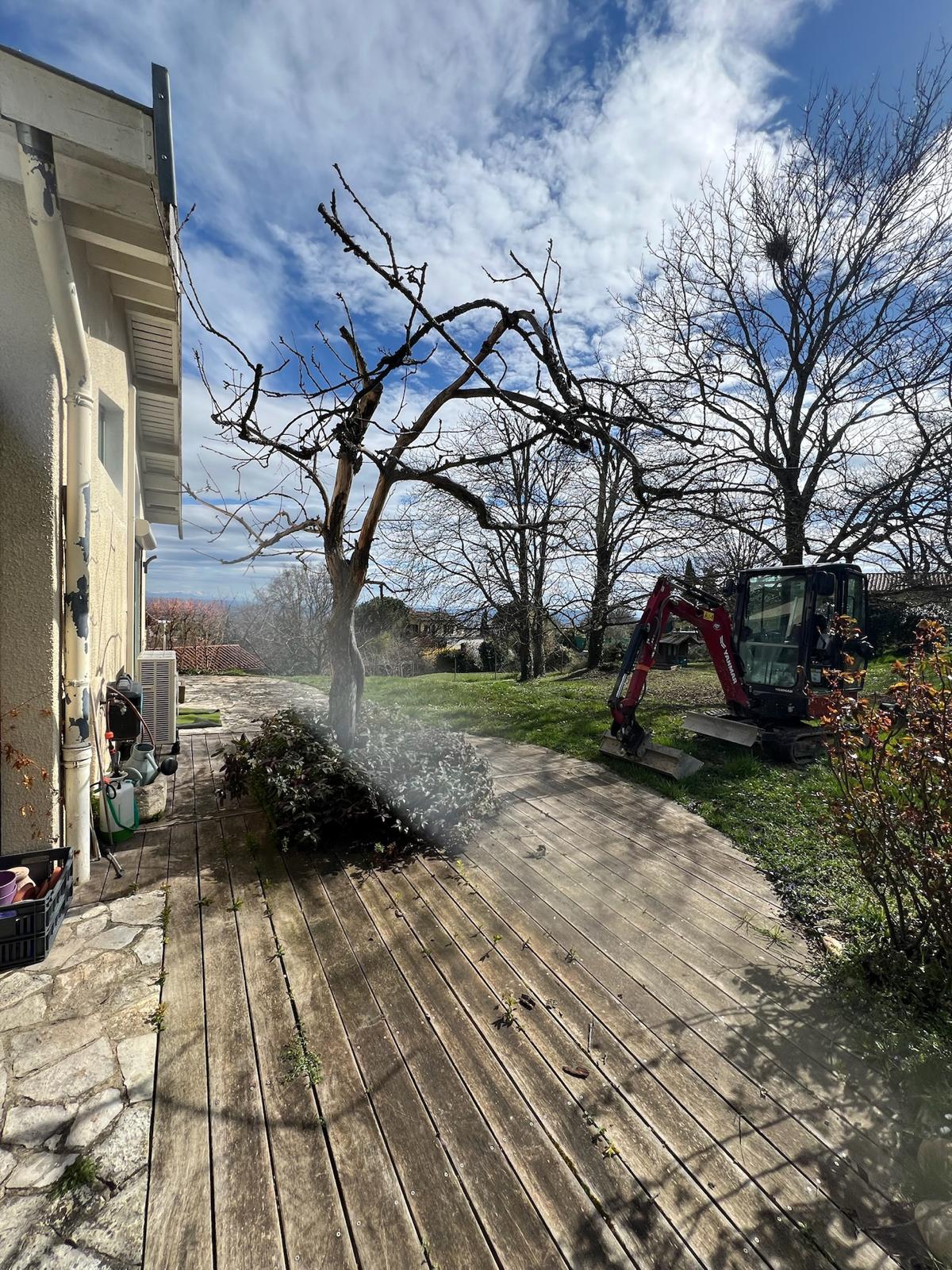 Terrasse en bois vieilli longeant une maison, avec un arbre dénudé, un arbuste au pied, et une mini-pelle Yanmar sur la pelouse.