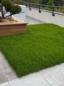 Pelouse de gazon vert vif sur une terrasse moderne avec jardinière en bois, balustrade noire et emballage blanc « sundance ».